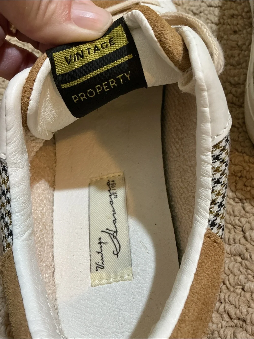 Vintage Havana Tan Suede & White Leather Sneakers with Houndstooth Trim